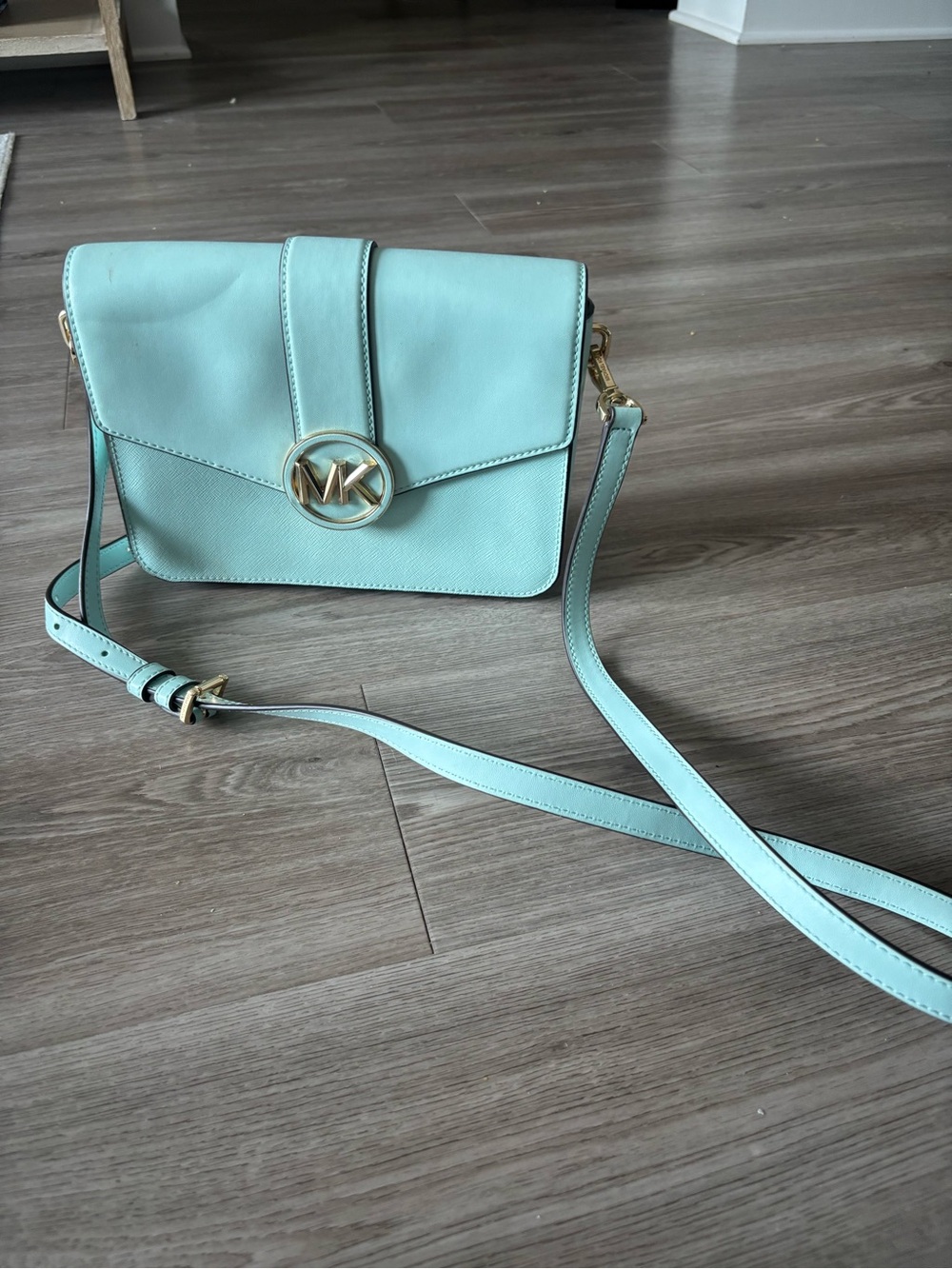 Michael Kors Mint Green Crossbody with Gold MK Emblem